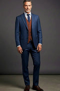 Navy Three-Piece Business Suit — a reversible vest turning between navy and rich brown