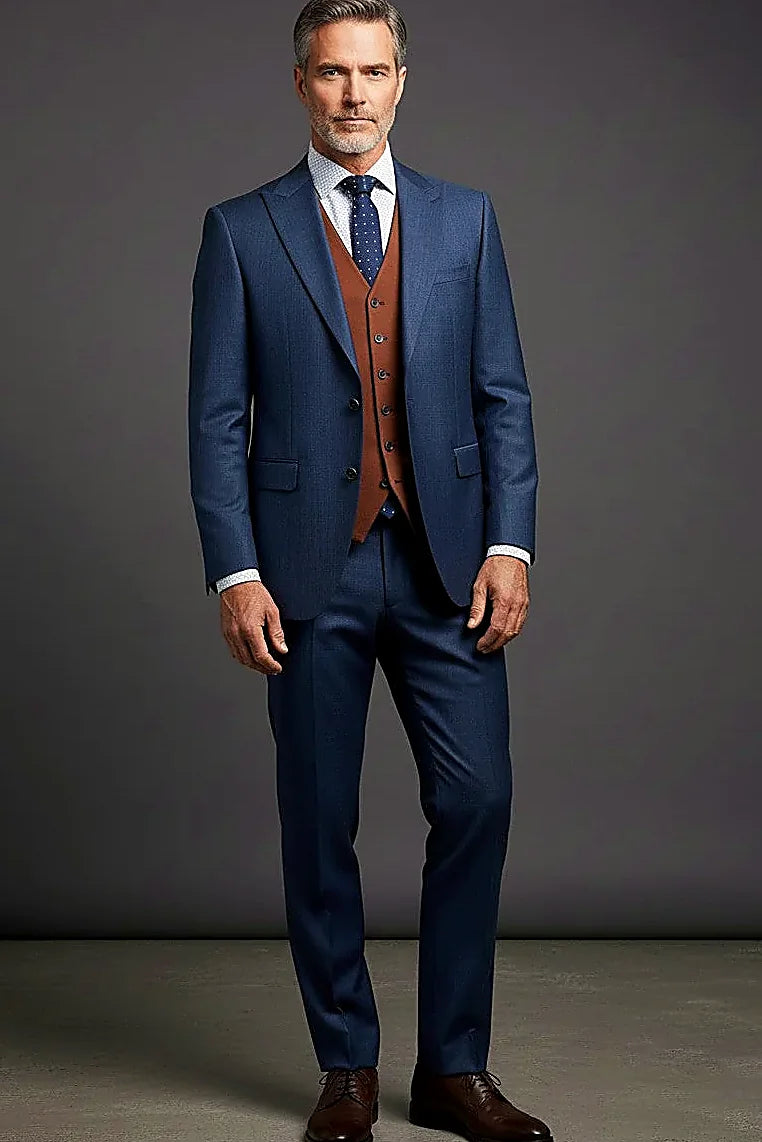 Navy Three-Piece Business Suit — a reversible vest turning between navy and rich brown