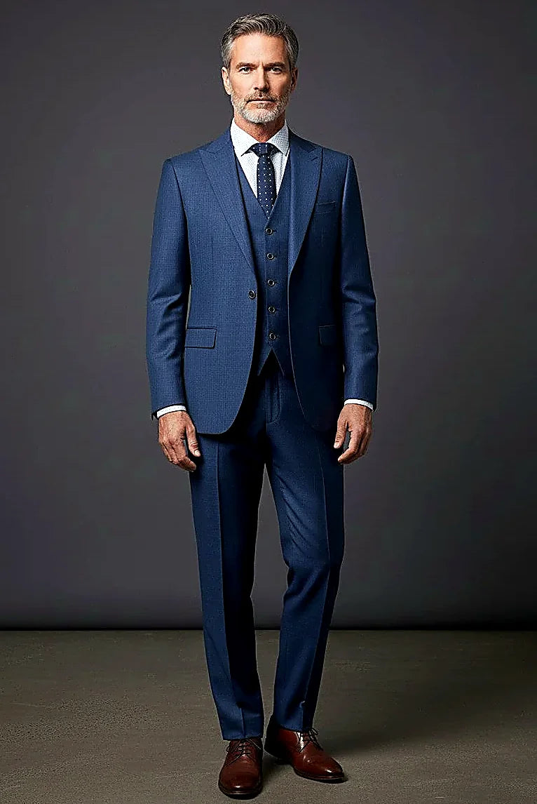 Navy Three-Piece Business Suit showing a reversible vest turning between navy and rich brown