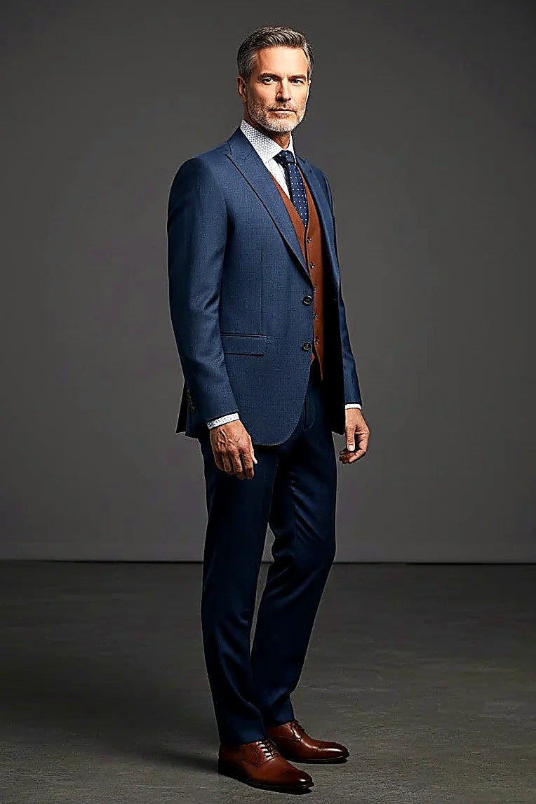 a reversible vest turning between navy and rich brown, on this navy Three-Piece Business Suit