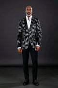 Abstract Brushstroke Velvet Blazer — hand-painted brushstroke swirls with an ornate gold and navy lining