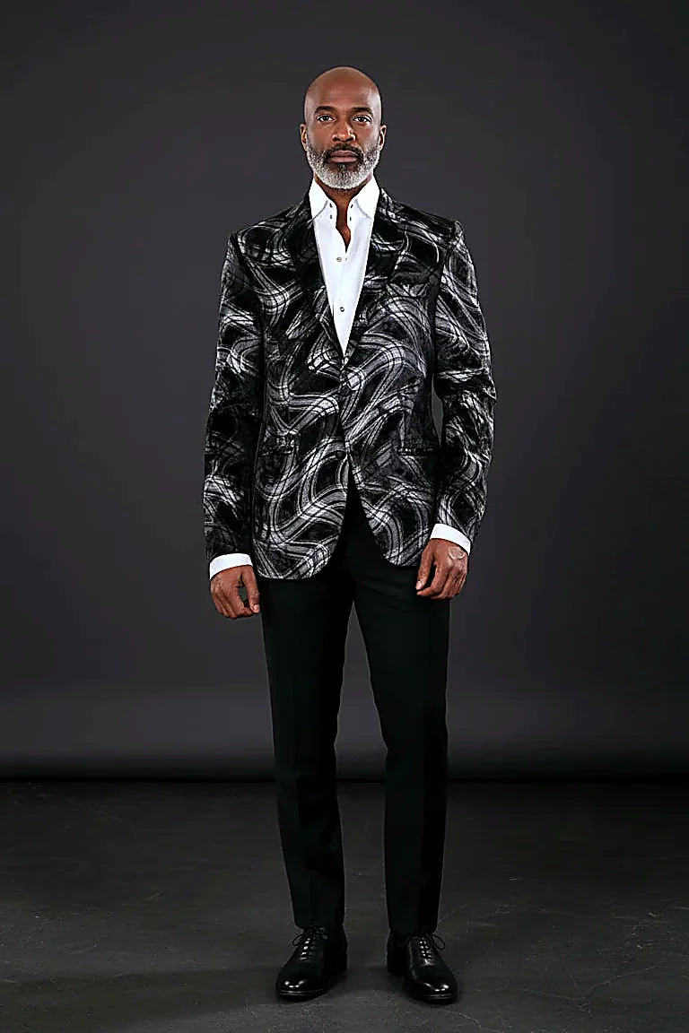 Abstract Brushstroke Velvet Blazer — hand-painted brushstroke swirls with an ornate gold and navy lining