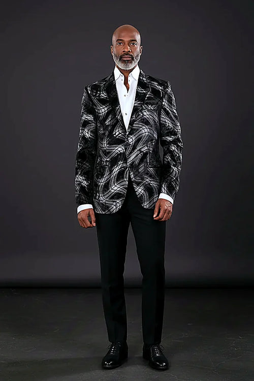 Abstract Brushstroke Velvet Blazer — hand-painted brushstroke swirls with an ornate gold and navy lining