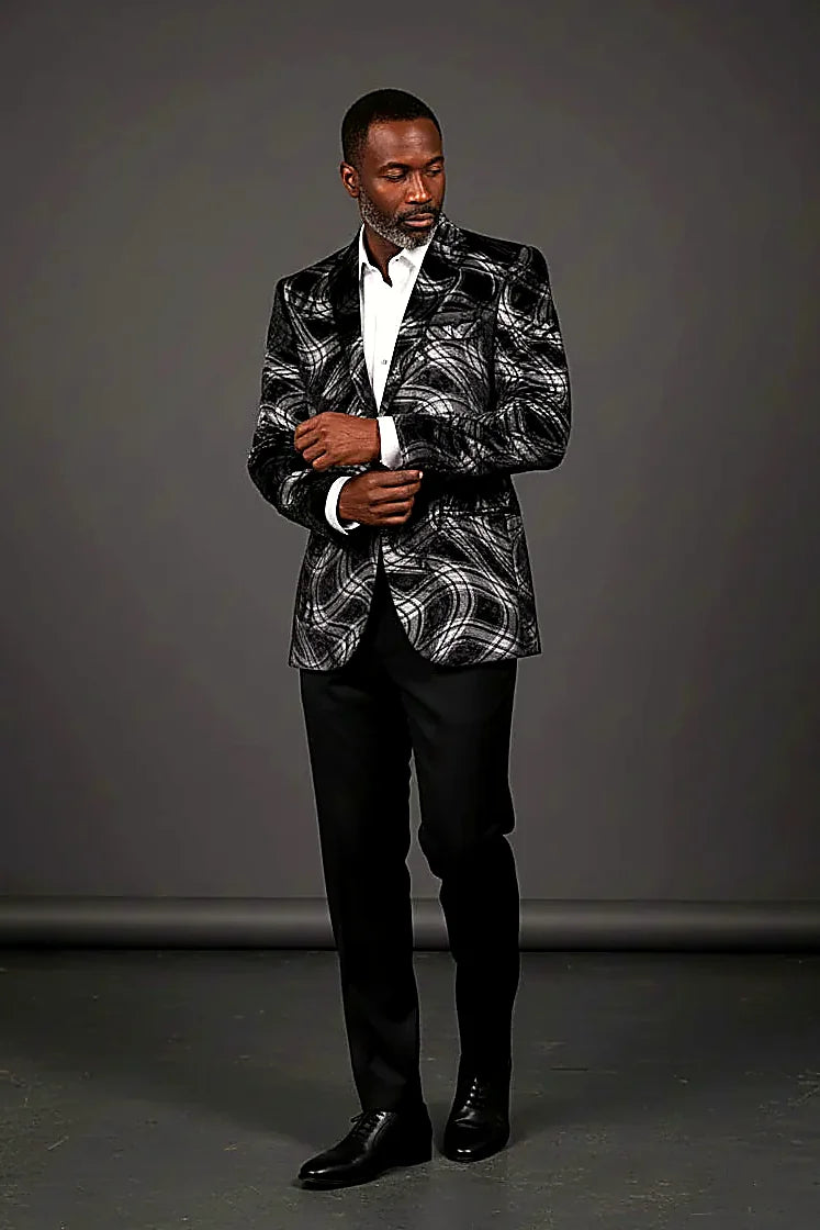 Abstract Brushstroke Blazer - Black White Gray Velvet Luxury Jacket