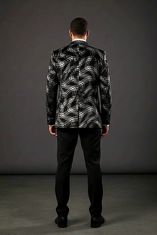 hand-painted brushstroke swirls with an ornate gold and navy lining, on this abstract Brushstroke Velvet Blazer