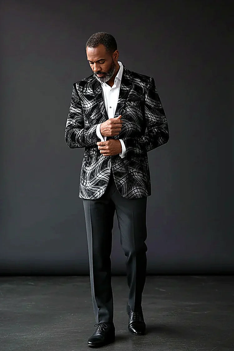 Abstract Brushstroke Velvet Blazer showing hand-painted brushstroke swirls with an ornate gold and navy lining