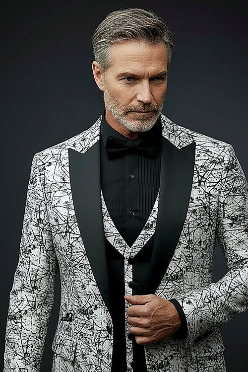 an abstract splatter pattern woven through lustrous jacquard, on this abstract Splatter Jacquard Tuxedo