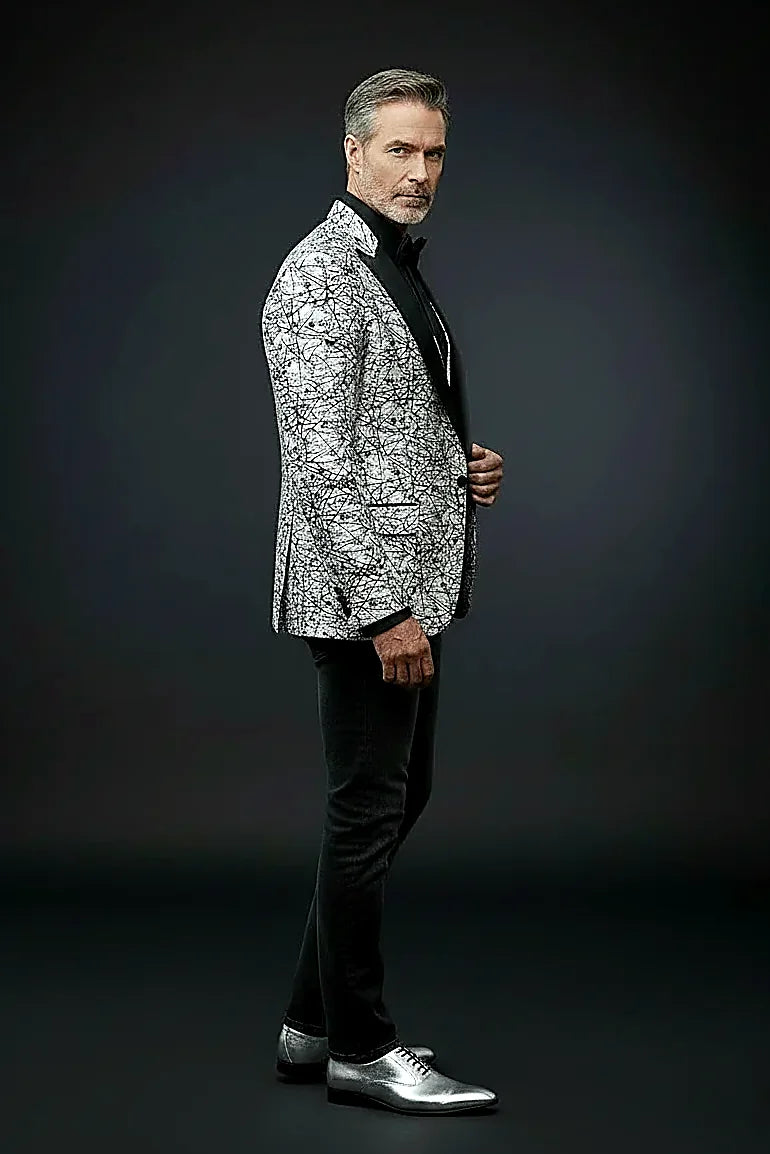 Abstract Splatter Jacquard Tuxedo showing an abstract splatter pattern woven through lustrous jacquard
