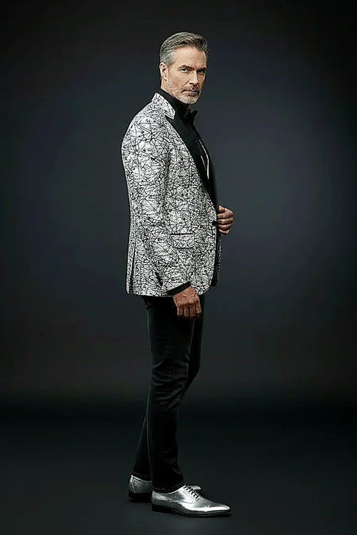 Abstract Splatter Jacquard Tuxedo showing an abstract splatter pattern woven through lustrous jacquard