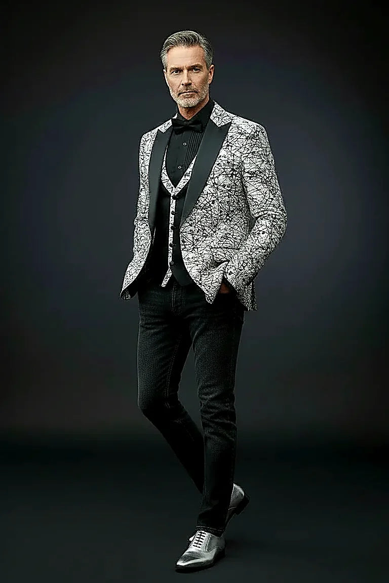 Abstract Splatter Jacquard Tuxedo — an abstract splatter pattern woven through lustrous jacquard