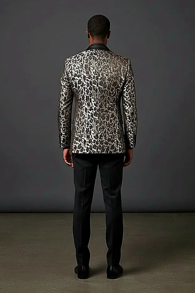Animal Print Blazer with Satin Trim Lapel showing an animal print framed by sleek satin lapel trim