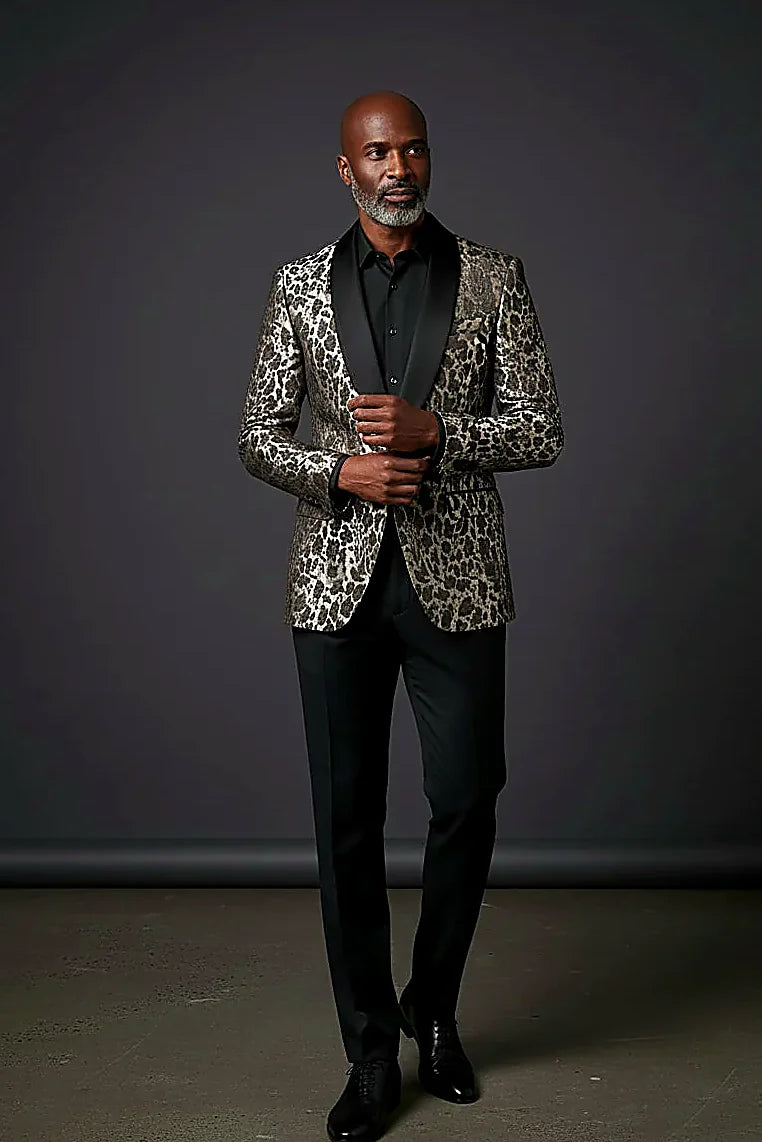 an animal print framed by sleek satin lapel trim