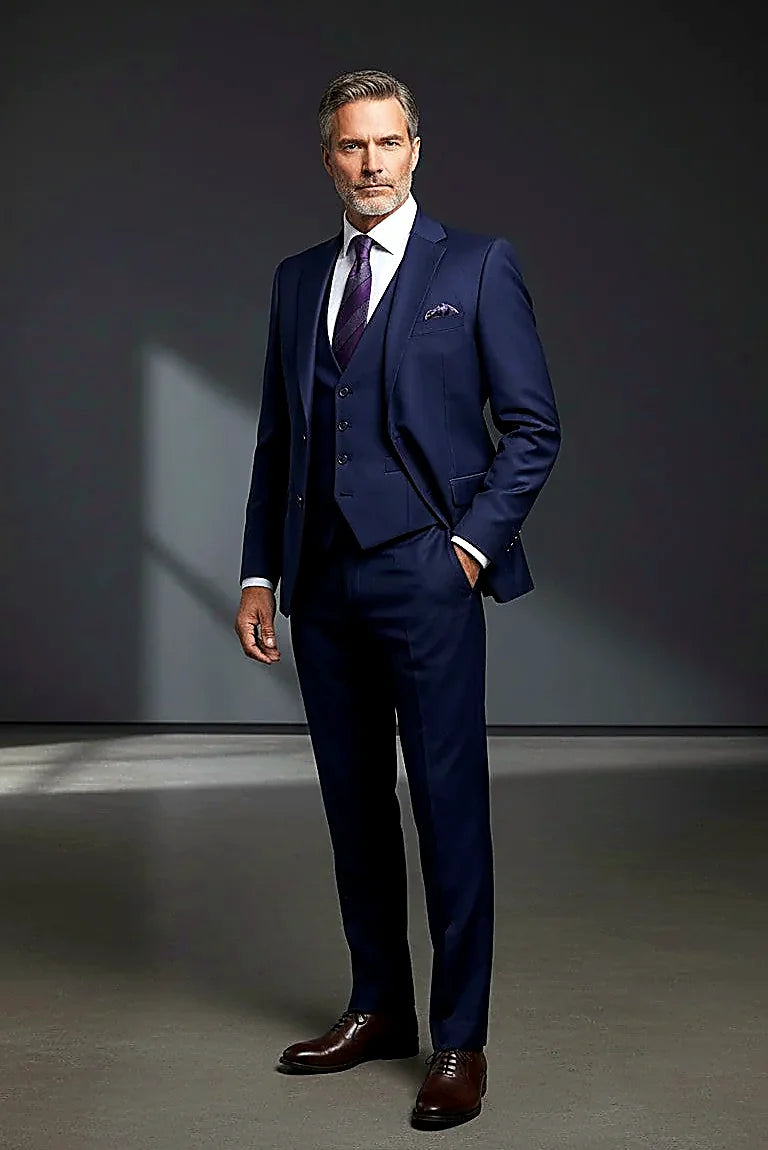 Blue Three-Piece Suit — a coordinated blue three-piece that holds its shape