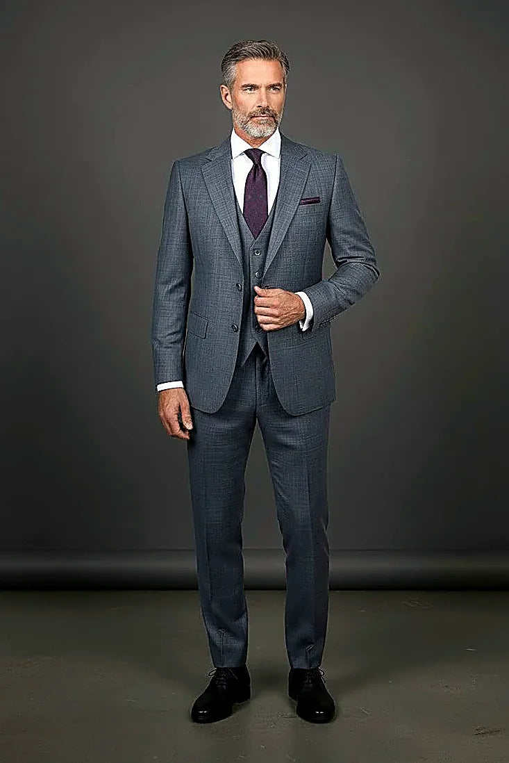 Grey Three-Piece Suit — structured shoulders and clean-cut notch lapels