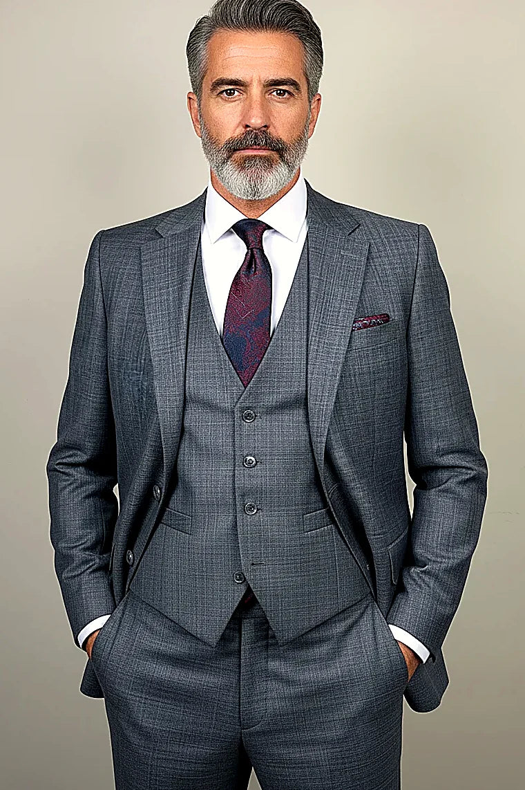 Grey Three-Piece Suit showing structured shoulders and clean-cut notch lapels