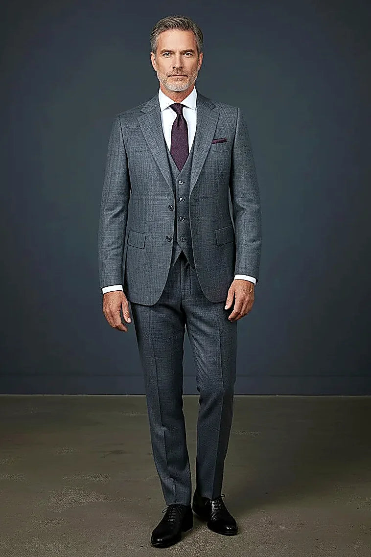 structured shoulders and clean-cut notch lapels, on this grey Three-Piece Suit