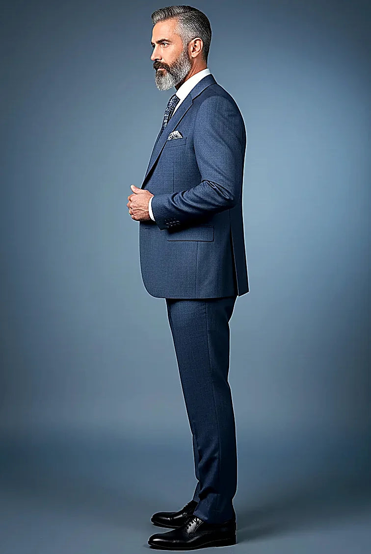Navy Textured Three-Piece Suit showing a premium textured weave in deep navy