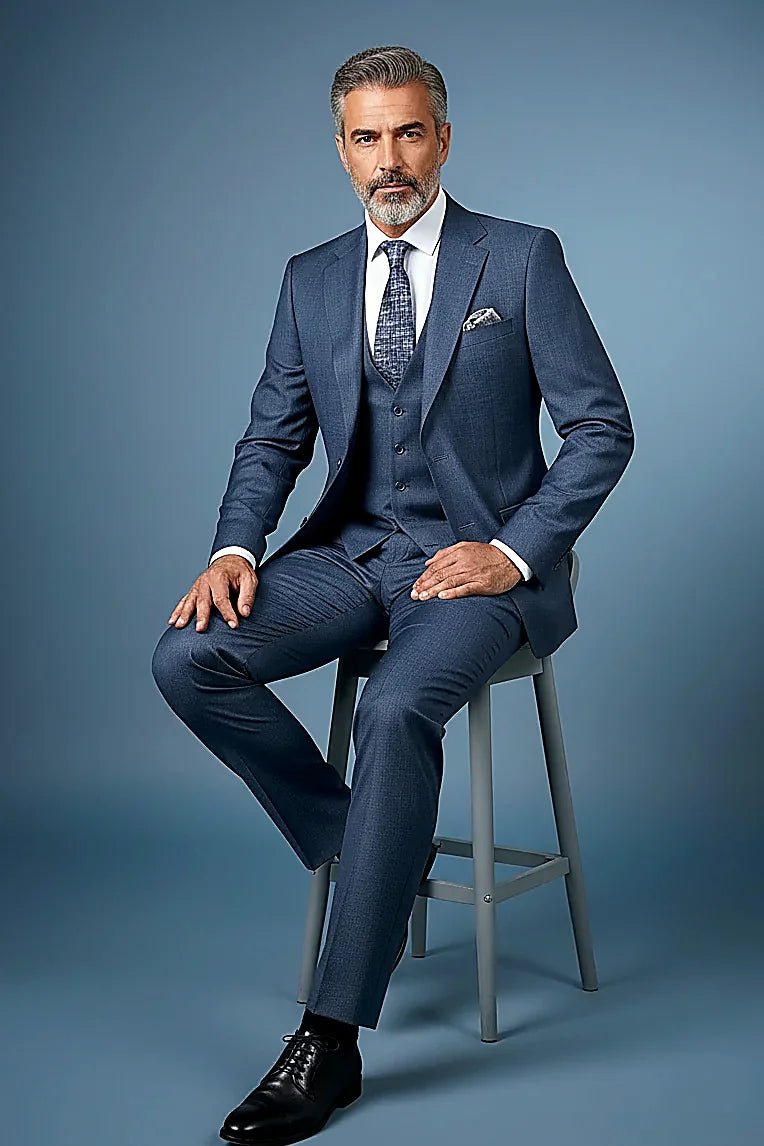a premium textured weave in deep navy, on this navy Textured Three-Piece Suit