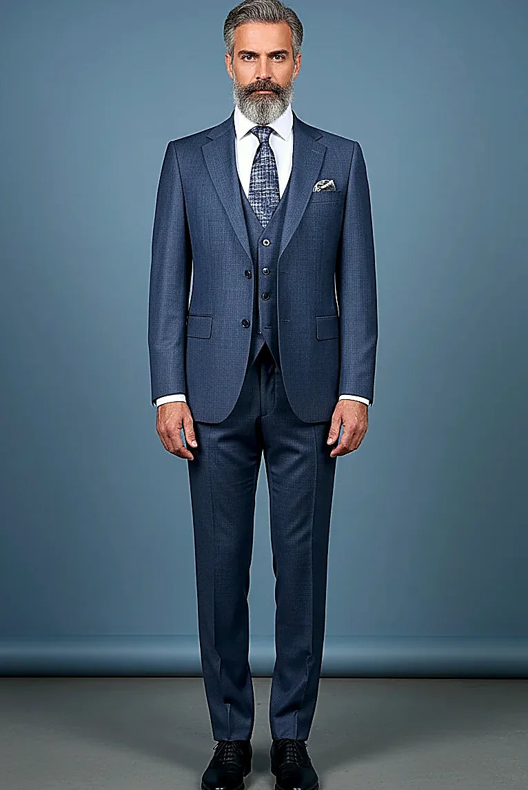 Navy Textured Three-Piece Suit — a premium textured weave in deep navy