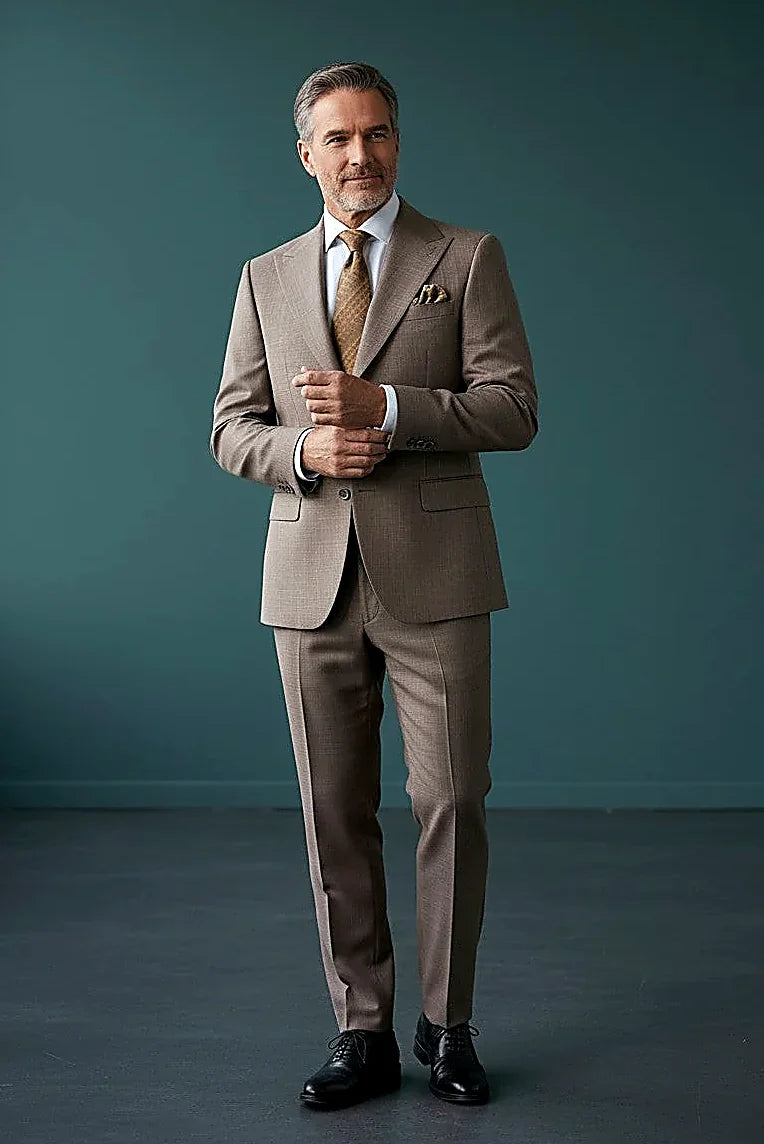 Brown Three-Piece Suit showing brown cloth cut with attention to fit and drape