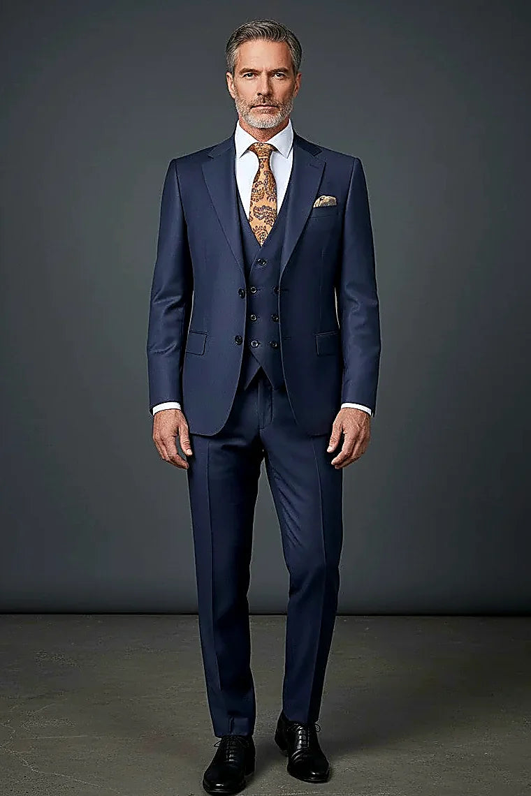 Blue Tailored Three-Piece — a structured blazer beside its coordinating vest