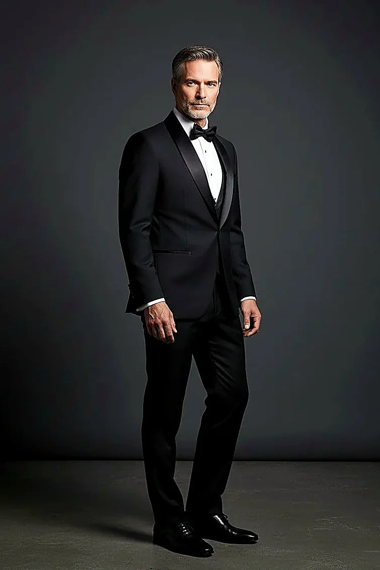 Black Tuxedo with Satin Shawl Lapel showing a smooth satin shawl lapel above a five-button vest