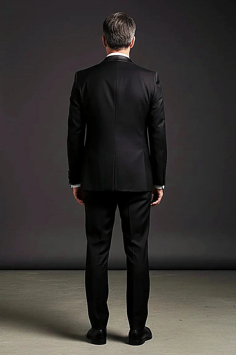 a smooth satin shawl lapel above a five-button vest
