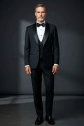 Black Tuxedo with Satin Shawl Lapel — a smooth satin shawl lapel above a five-button vest