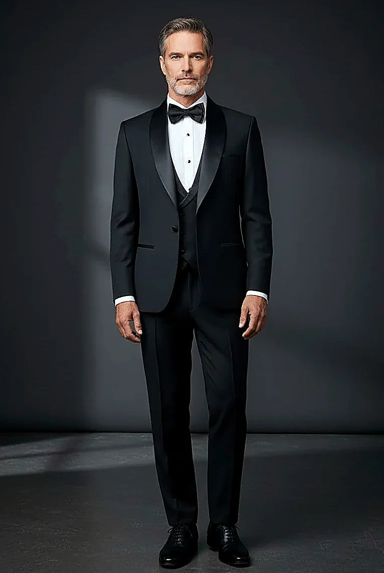 Black Tuxedo with Satin Shawl Lapel — a smooth satin shawl lapel above a five-button vest