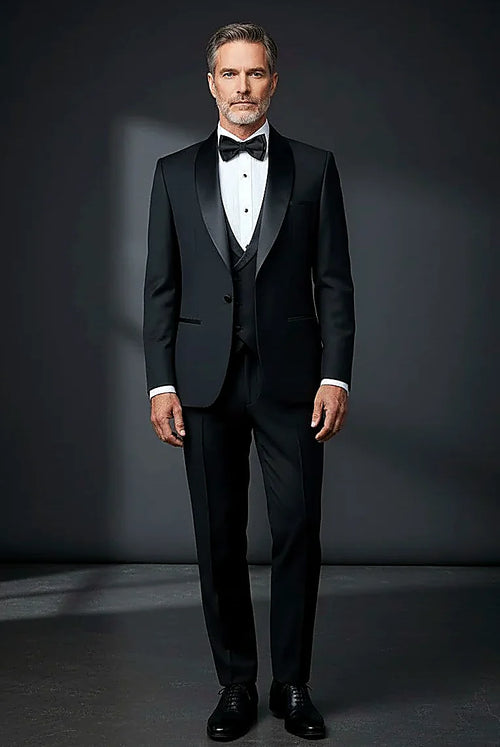 Black Tuxedo with Satin Shawl Lapel — a smooth satin shawl lapel above a five-button vest