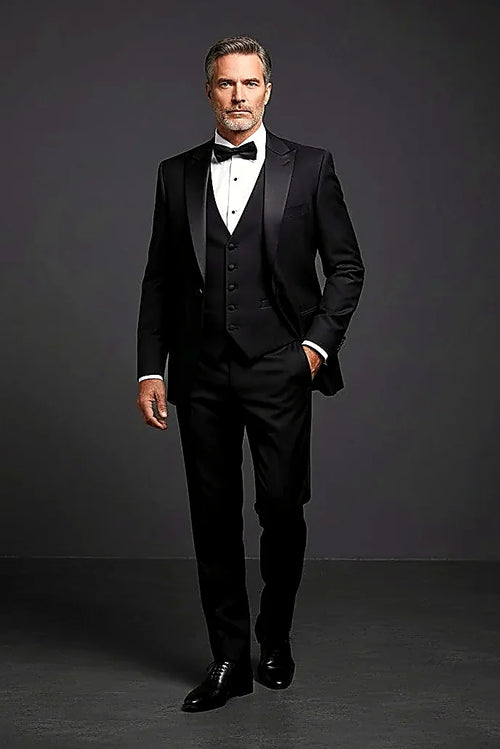 a smooth satin shawl lapel above a five-button vest, on this black Tuxedo with Satin Shawl Lapel