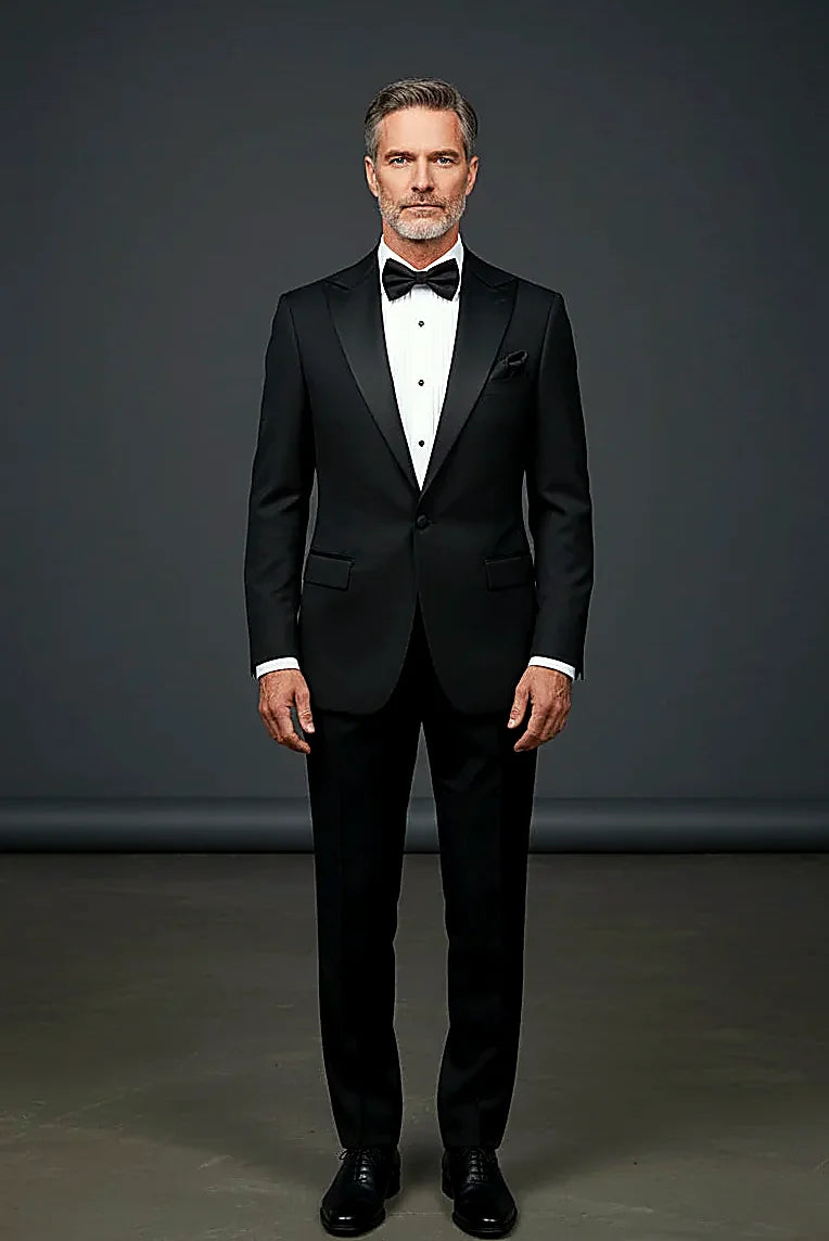 timeless black formal tailoring cut slim, on this black Peak Lapel Tuxedo