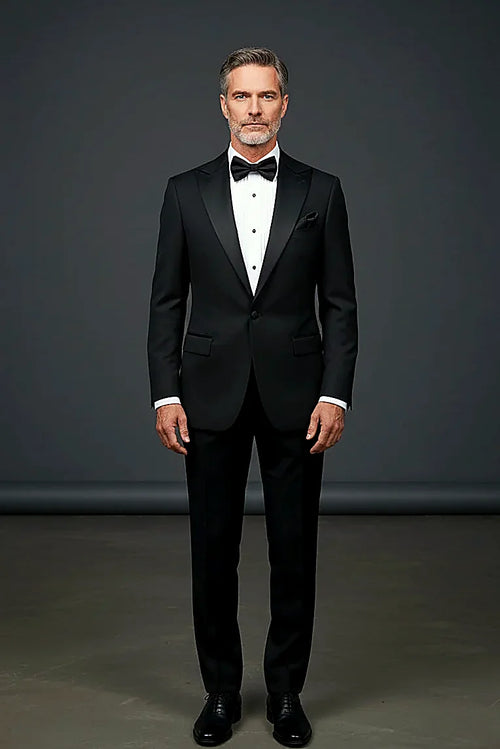 timeless black formal tailoring cut slim, on this black Peak Lapel Tuxedo