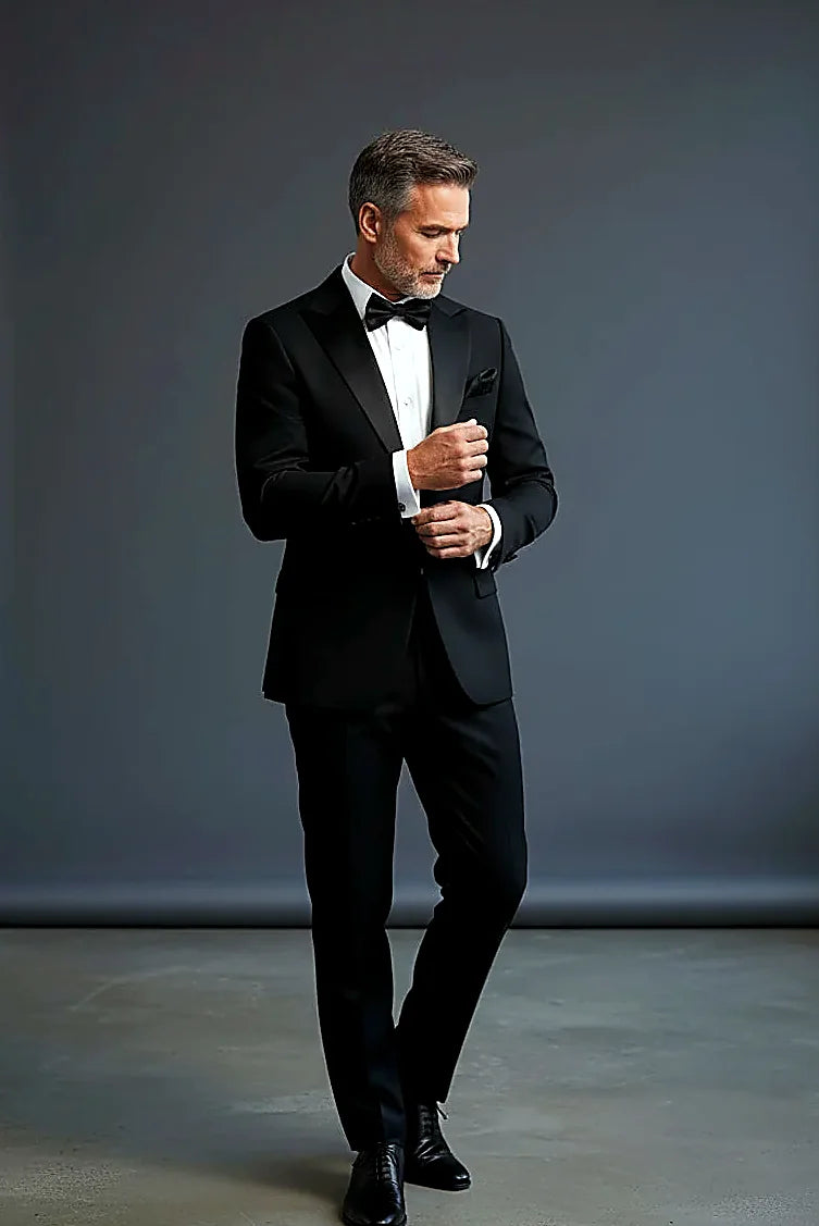 Black Peak Lapel Tuxedo showing timeless black formal tailoring cut slim