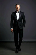 Black Peak Lapel Tuxedo — timeless black formal tailoring cut slim
