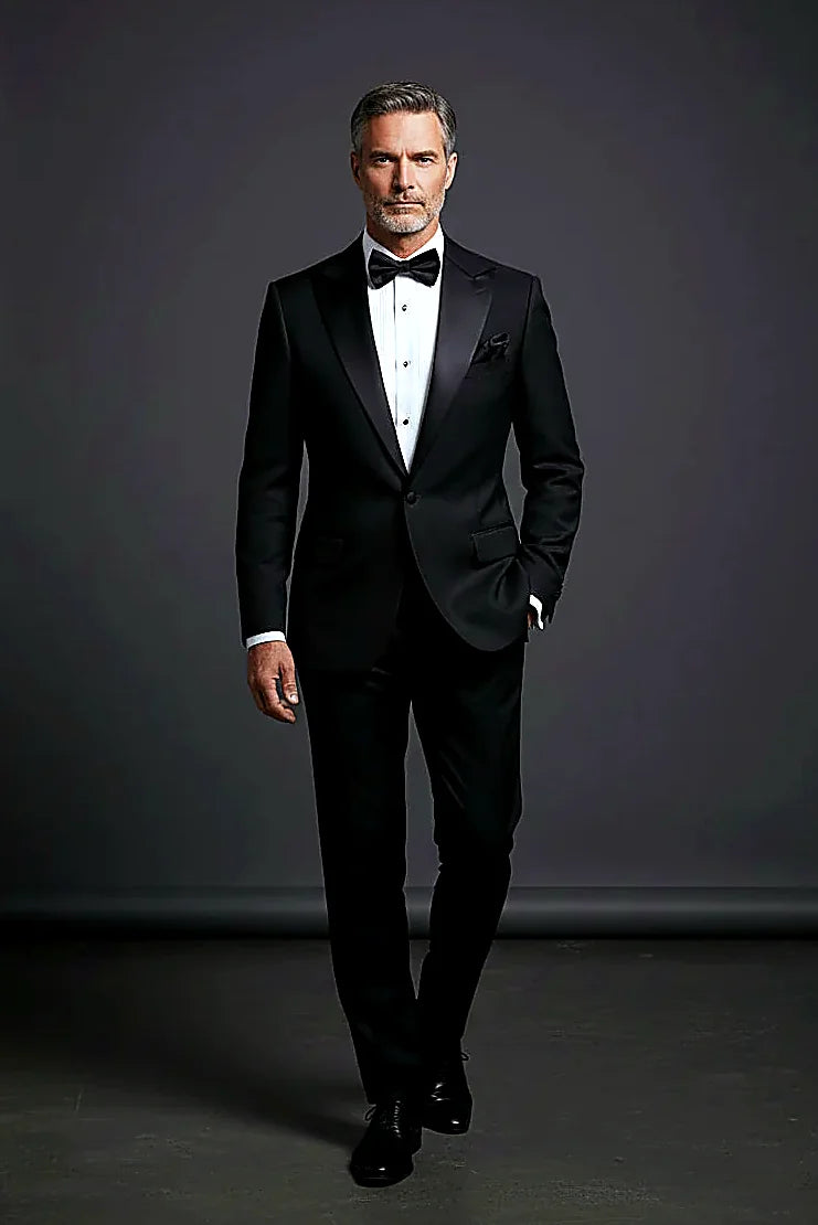 Black Peak Lapel Tuxedo — timeless black formal tailoring cut slim