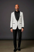 Polka Dot Blazer with Black Velvet Shawl Lapel — black polka dots on white beneath a velvet shawl lapel