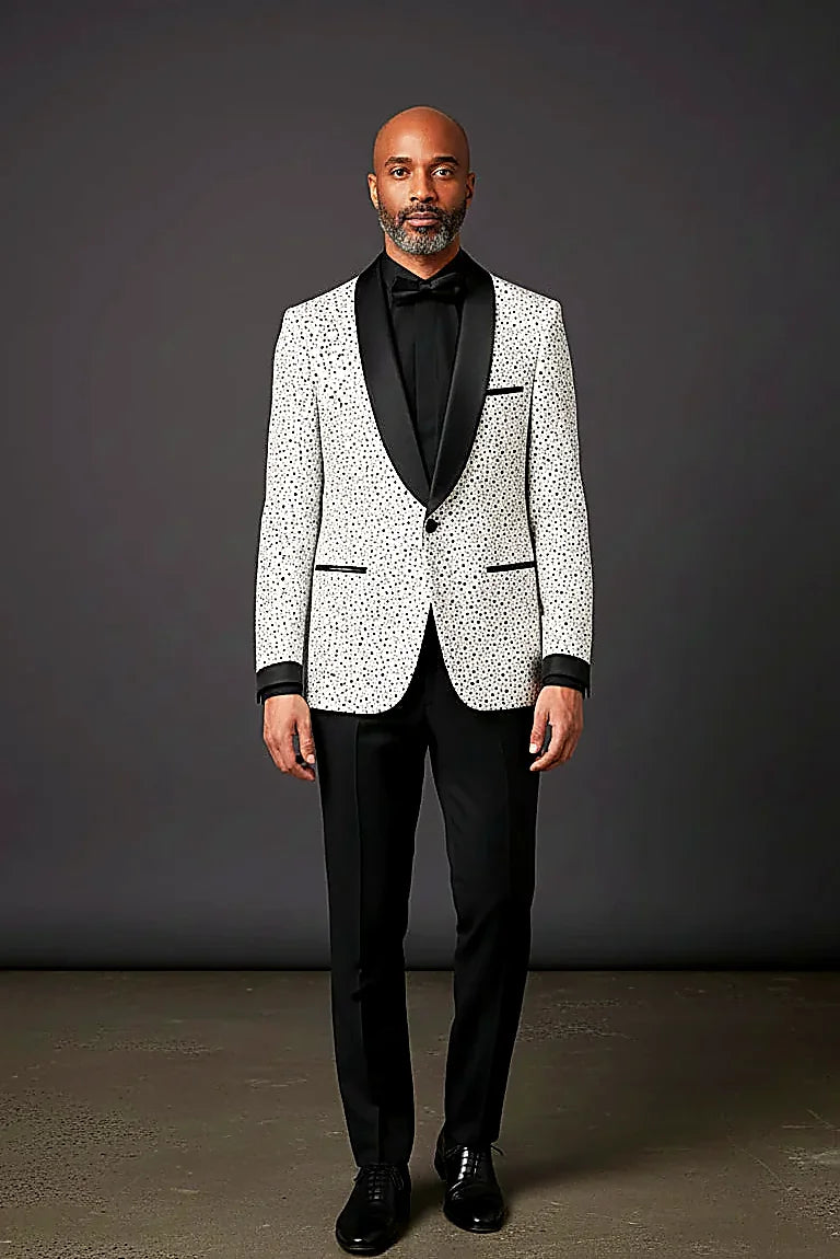 Polka Dot Blazer with Black Velvet Shawl Lapel — black polka dots on white beneath a velvet shawl lapel