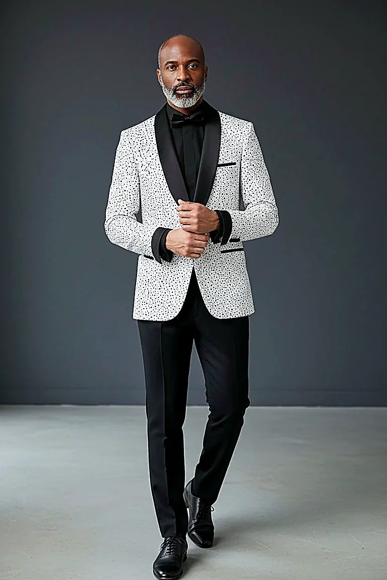 black polka dots on white beneath a velvet shawl lapel, on this polka Dot Blazer with Black Velvet Shawl Lapel