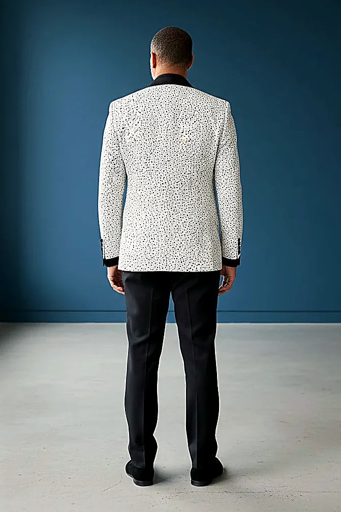 Polka Dot Blazer with Black Velvet Shawl Lapel showing black polka dots on white beneath a velvet shawl lapel