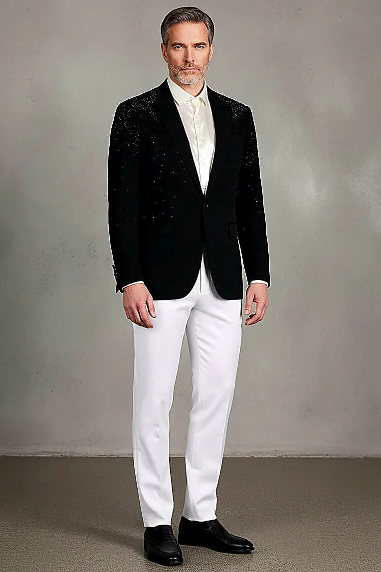 a rhinestone design over a one-tone colour fade, on this black Rhinestone Evening Blazer