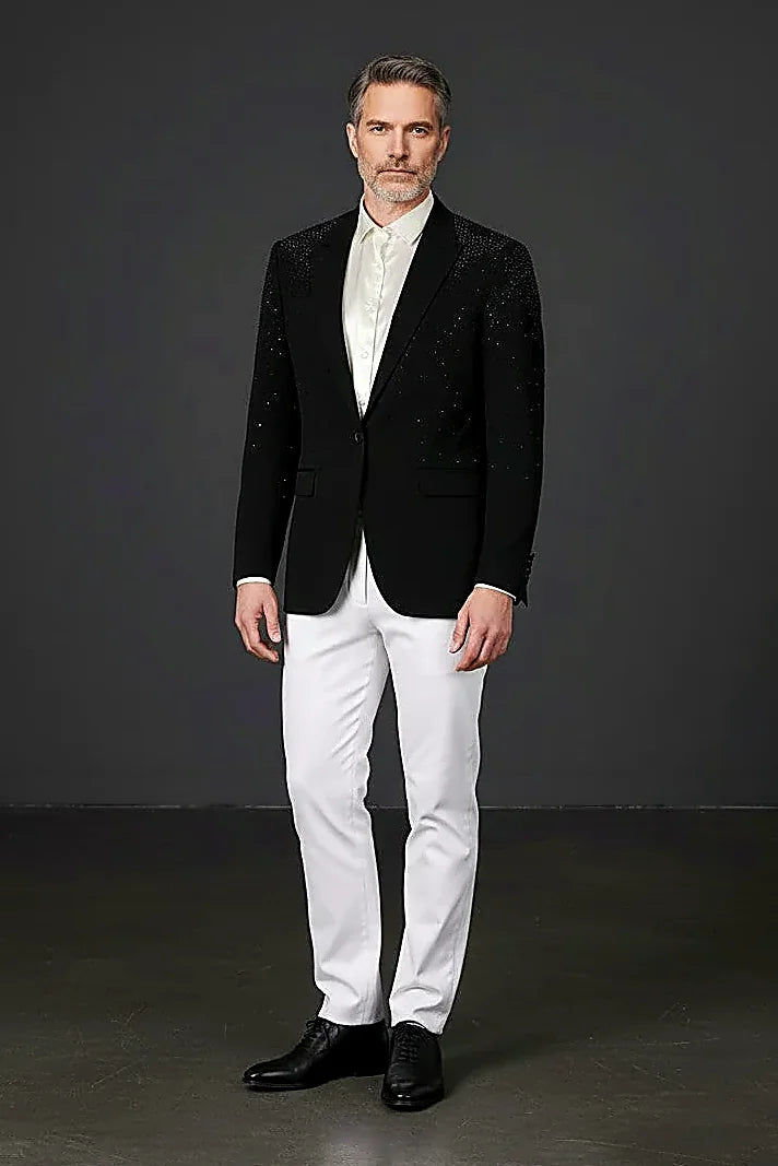 Black Rhinestone Evening Blazer — a rhinestone design over a one-tone colour fade