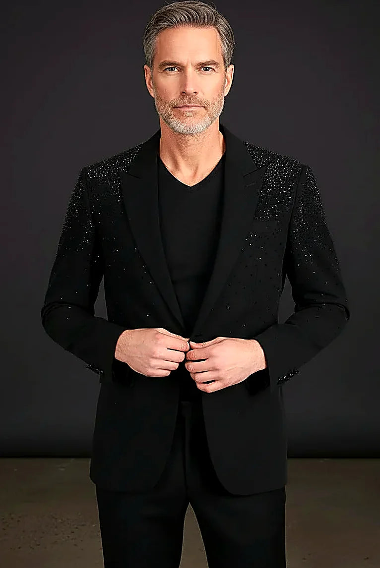 Black Rhinestone Evening Blazer showing a rhinestone design over a one-tone colour fade