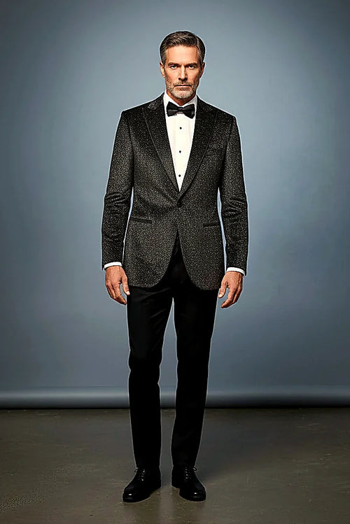 Black and Silver Shimmer Tuxedo — silver threads woven through a black base for a subtle shine
