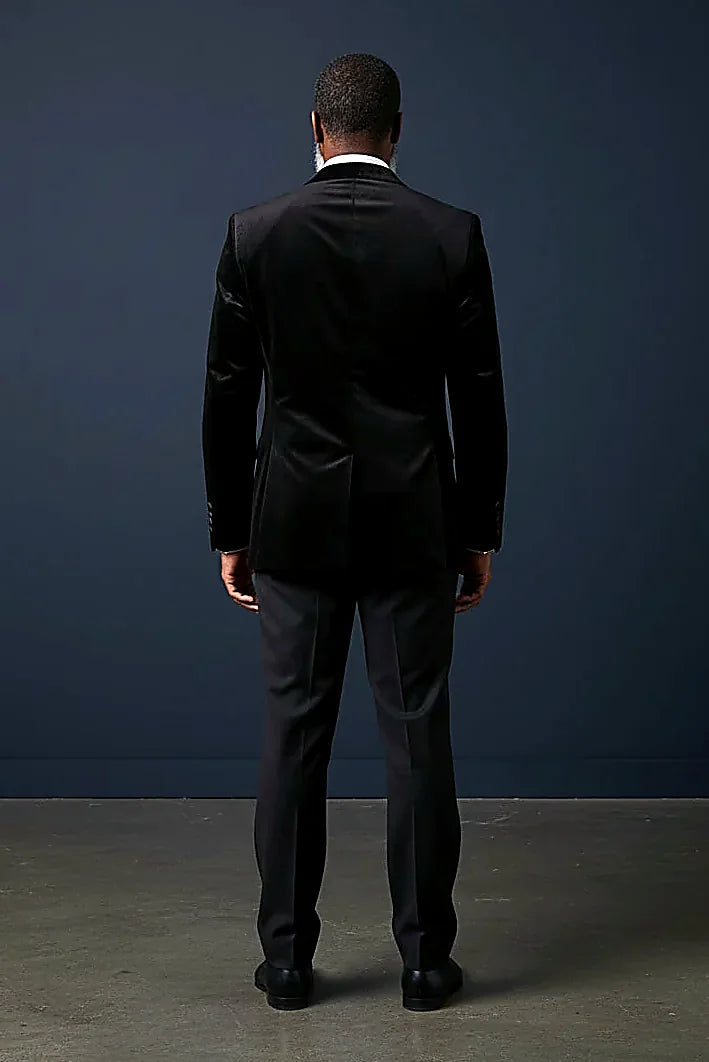 Black Velvet Sport Jacket showing satin trim running along a black velvet collar and edges