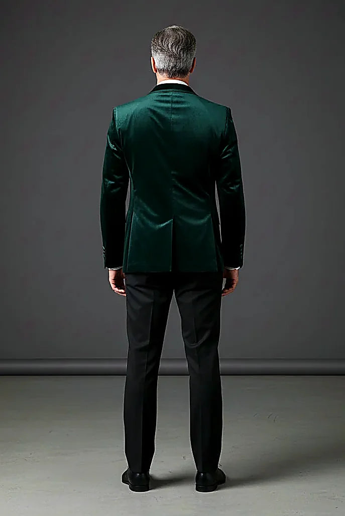 black velvet sport jacket with a satin trim on the lapel