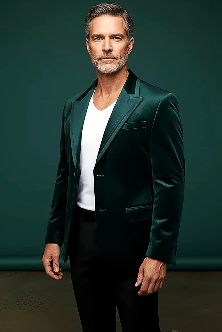 black velvet sport jacket with a satin trim on the lapel