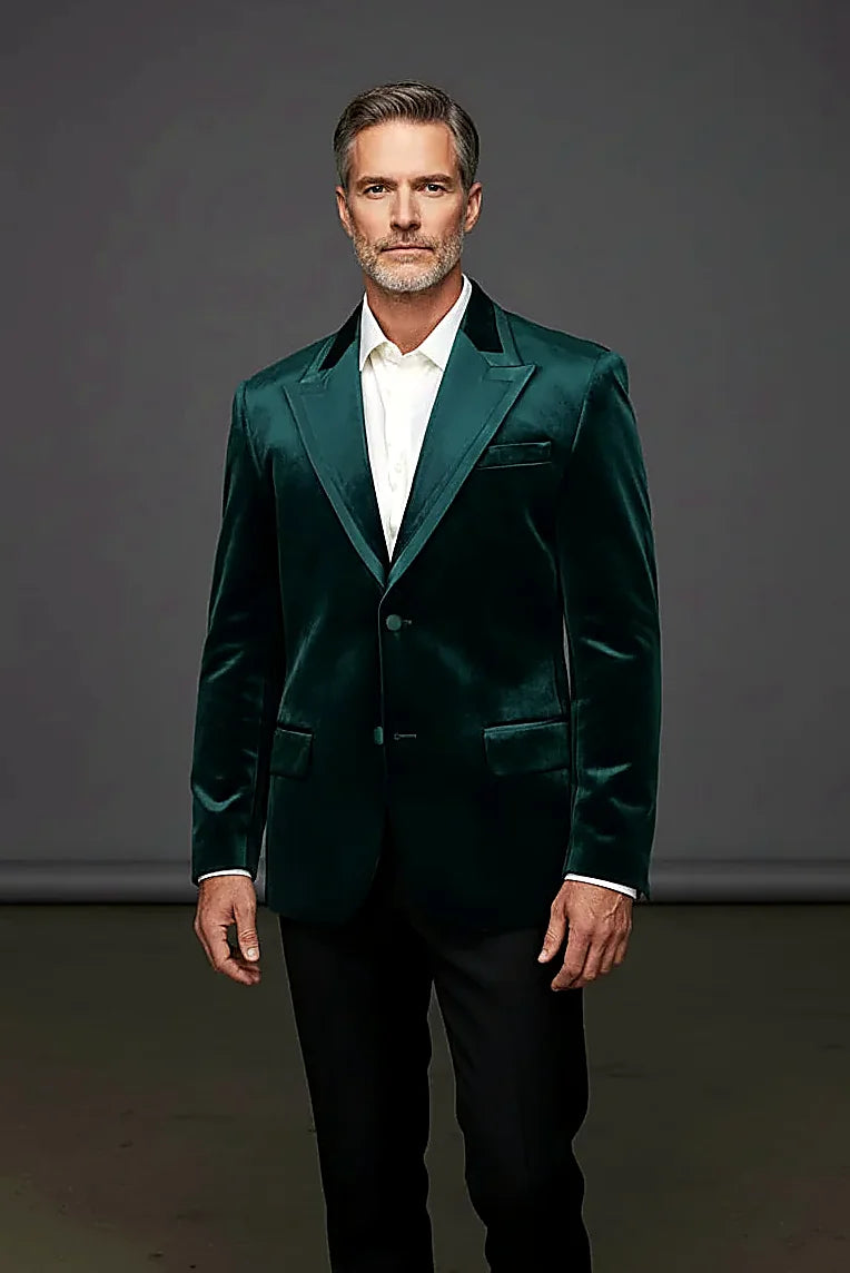 black velvet sport jacket with a satin trim on the lapel