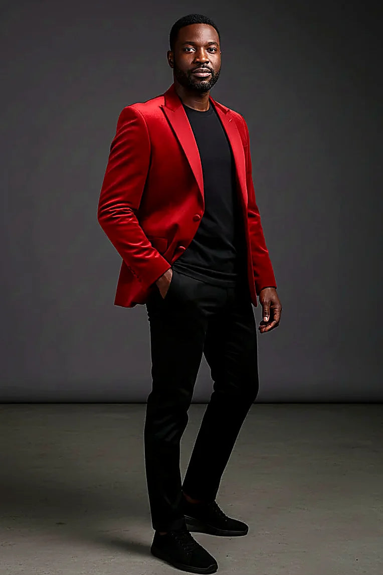 black velvet sport jacket with a satin trim on the lapel