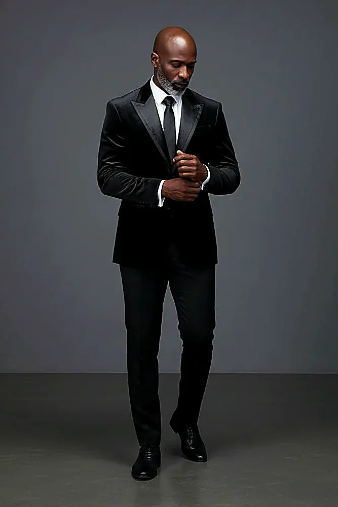 black velvet sport jacket with a satin trim on the lapel